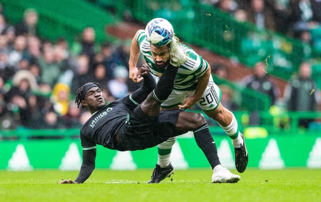 Hibs' Elie Youan picked up a second yellow card for this challenge on Celtic's Cameron Carter-Vickers.