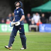 Scotland's Matthew Cross during a T20 International match between Scotland and Zimbabwe at The Grange, on September 17, 2021.  (Photo by Ross MacDonald / SNS Group)