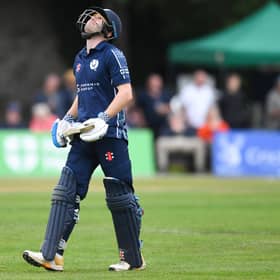 Scotland's Matthew Cross during a T20 International match between Scotland and Zimbabwe at The Grange, on September 17, 2021.  (Photo by Ross MacDonald / SNS Group)