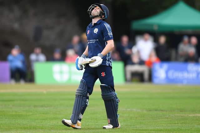 Scotland's Matthew Cross during a T20 International match between Scotland and Zimbabwe at The Grange, on September 17, 2021. (Photo by Ross MacDonald / SNS Group)