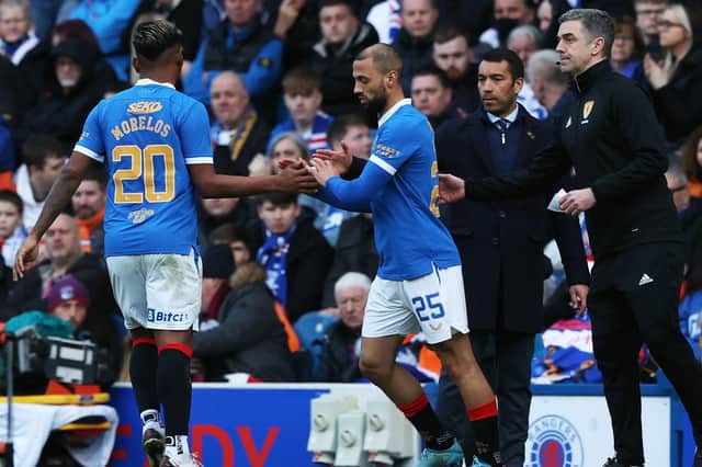 Kemar Roofe replaces Alfredo Morelos shortly before scoring the winner.  (Photo by Craig Williamson / SNS Group)