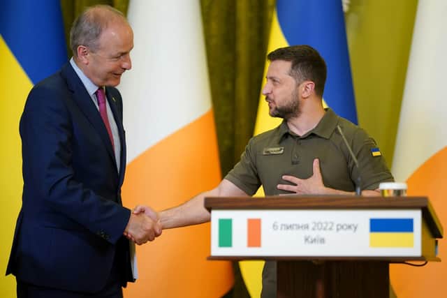 Ukrainian President Volodymyr Zelenskyy with the then Taoiseach Micheal Martin (now Tanaiste) during a joint press conference at the Ukrainian Government Building in Kyiv. Picture: Niall Carson/PA Wire
