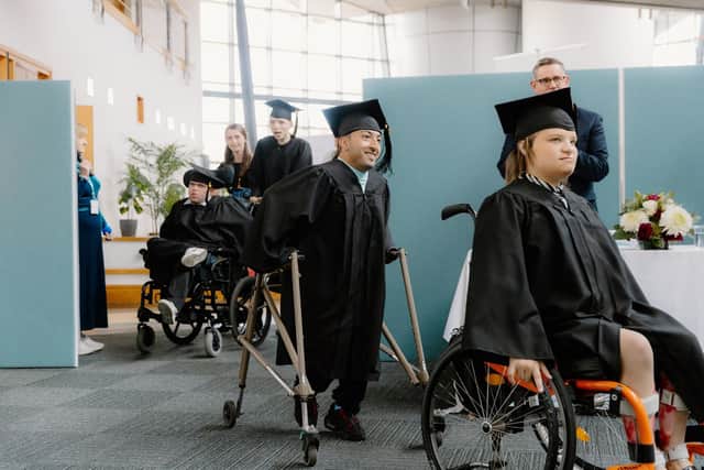 From left to right, students Cody Gallacher, Jamie Thomson, Ali Chaudhry and Lauren Wishart have graduated from Corseford College.