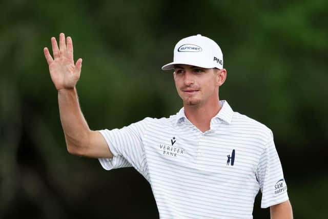 Amateur Sam Bennett reacts on the 18th green during the second round of the 87th Masters. Picture: Christian Petersen/Getty Images.