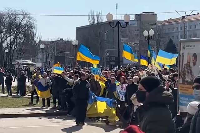 Screengrab from video of protests in the city of Kherson, Ukraine, against the Russian military invasion of Ukraine. Issue date: Sunday March 13, 2022.