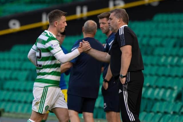 Celtic captain Callum McGregor (L) with manager Ange Postecoglu. (Photo by Craig Williamson / SNS Group)
