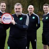 Ange Postecoglou is pictured with the Glen's Manager of the Month award for October along with backroom staff John Kennedy, Stevie Woods and Stephen McManus. (Photo by Alan Harvey / SNS Group)