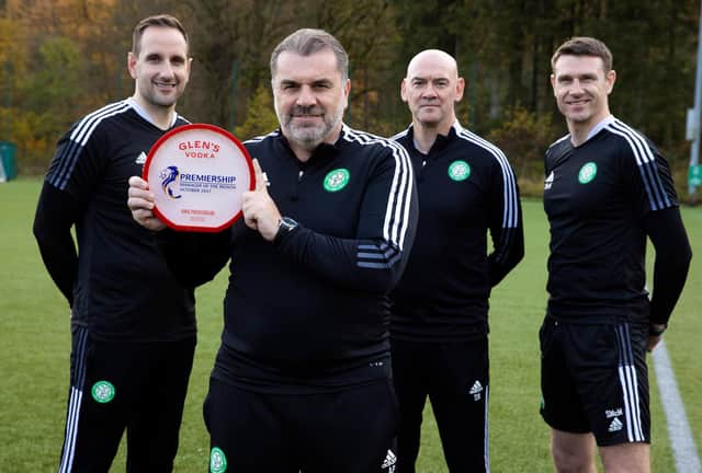 Ange Postecoglou is pictured with the Glen's Manager of the Month award for October along with backroom staff John Kennedy, Stevie Woods and Stephen McManus. (Photo by Alan Harvey / SNS Group)