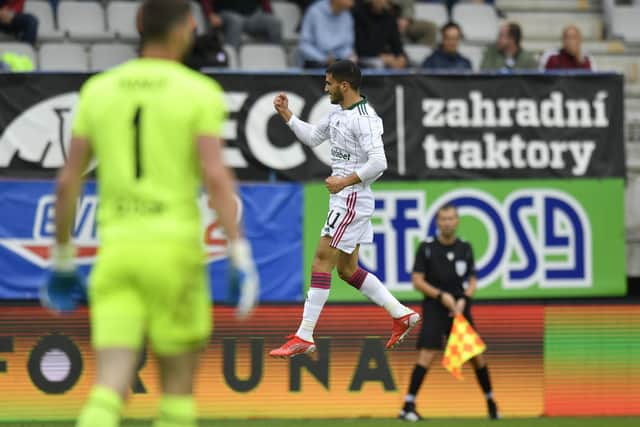 Celtic's Liel Abada celebrates after opening the scoring against Jablonec (Radek Petrasek/CTK via AP)