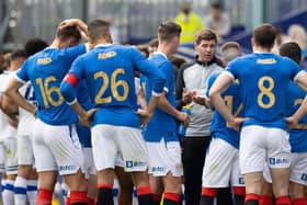 Steven Gerrard speaks to his players during a drinks break during a pre-season friendly between Tranmere Rovers and Rangers. (Photo by Craig Williamson / SNS Group)