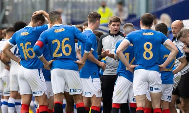 Steven Gerrard speaks to his players during a drinks break during a pre-season friendly between Tranmere Rovers and Rangers. (Photo by Craig Williamson / SNS Group)