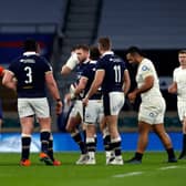 Referee Andrew Brace shows a yellow card to England's Billy Vunipola during the Six Nations match against Scotland at Twickenham in 2021.  (Photo by ADRIAN DENNIS/AFP via Getty Images)