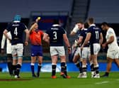 Referee Andrew Brace shows a yellow card to England's Billy Vunipola during the Six Nations match against Scotland at Twickenham in 2021.  (Photo by ADRIAN DENNIS/AFP via Getty Images)