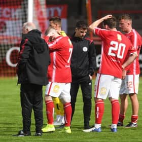 Brechin players are dejected at full time during a Scottish League Two play-off final second leg between Brechin City and Kelty Hearts at Glebe Park, on May 23, 2021, in Brechin, Scotland (Photo by Craig Foy / SNS Group)