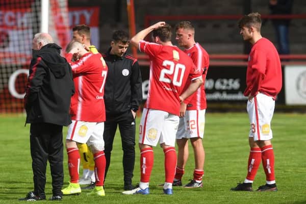Brechin players are dejected at full time during a Scottish League Two play-off final second leg between Brechin City and Kelty Hearts at Glebe Park, on May 23, 2021, in Brechin, Scotland (Photo by Craig Foy / SNS Group)