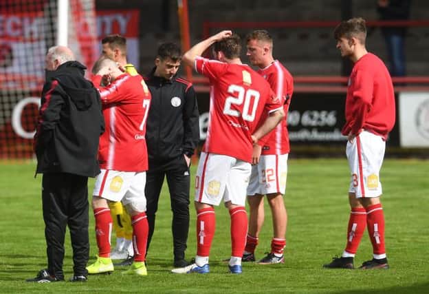 Brechin players are dejected at full time during a Scottish League Two play-off final second leg between Brechin City and Kelty Hearts at Glebe Park, on May 23, 2021, in Brechin, Scotland (Photo by Craig Foy / SNS Group)