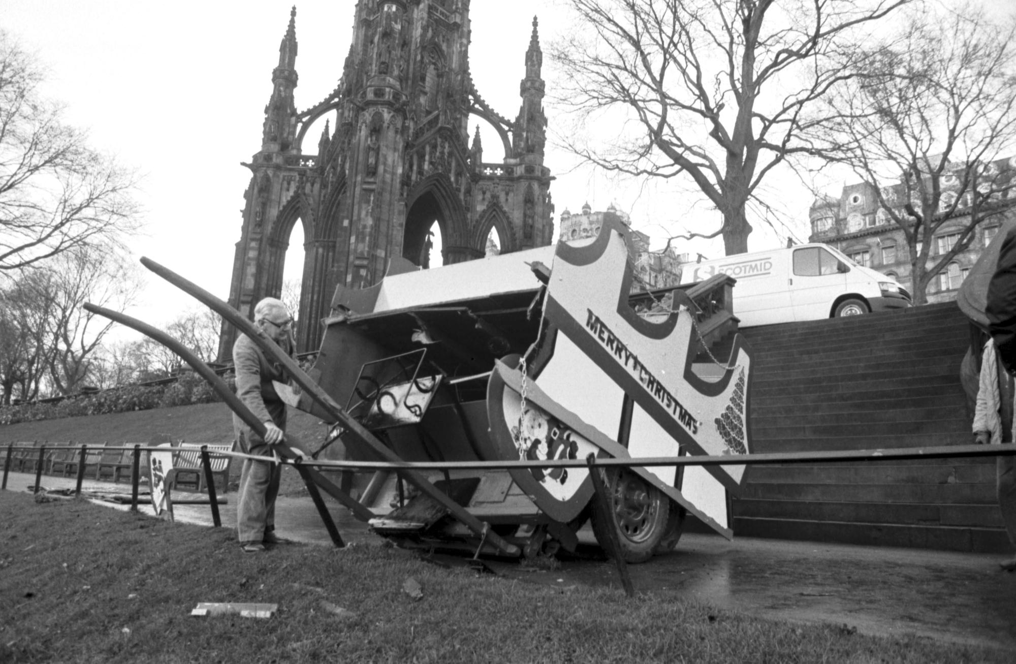 Vandals damaged Santa Claus's sleigh by pushing it down the steps in Princes Street gardens Edinburgh in December 1988.