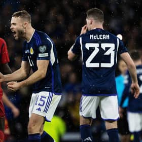 Ryan Porteous celebrates following Scotland's famous 2-0 win over Spain. (Photo by Craig Williamson / SNS Group)