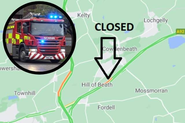 The A92 eastbound and southbound between Crossgates and Cowdenbeath is closed due to an HGV fire.