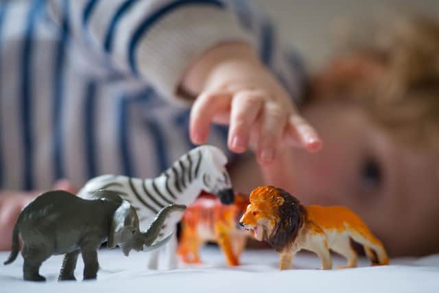 A preschool age child playing with plastic toy animals. Dominic Lipinski/PA Wire