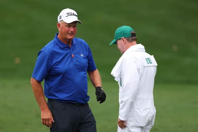 Sandy Lyle talks with his caddie Ken Martin on the practice area prior to the 2023 Masters at Augusta National Golf Club. Picture: Andrew Redington/Getty Images.