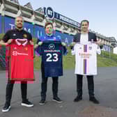 Scotland flanker Hamish Watson, centre, helped launch the Man Utd v Lyon friendly at BT Murrayfield this summer alongside Wes Brown, left, and Bruno Cheyrou.