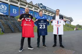 Scotland flanker Hamish Watson, centre, helped launch the Man Utd v Lyon friendly at BT Murrayfield this summer alongside Wes Brown, left, and Bruno Cheyrou.