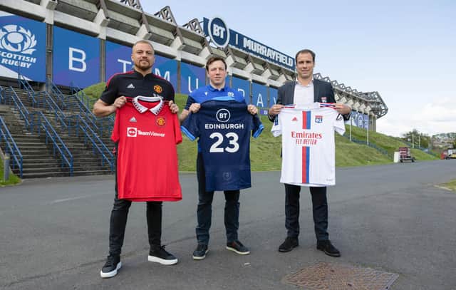 Scotland flanker Hamish Watson, centre, helped launch the Man Utd v Lyon friendly at BT Murrayfield this summer alongside Wes Brown, left, and Bruno Cheyrou.