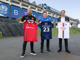 Scotland flanker Hamish Watson, centre, helped launch the Man Utd v Lyon friendly at BT Murrayfield this summer alongside Wes Brown, left, and Bruno Cheyrou.