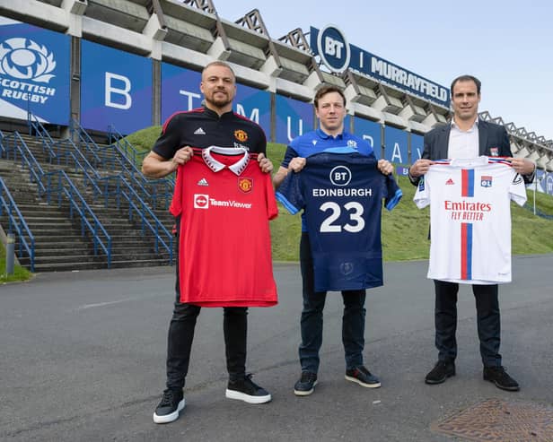 Scotland flanker Hamish Watson, centre, helped launch the Man Utd v Lyon friendly at BT Murrayfield this summer alongside Wes Brown, left, and Bruno Cheyrou.