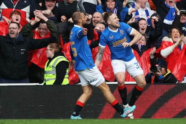 Kemar Roofe celebrates after scoring to make it 1-0 during a Cinch Premiership match between Rangers and Aberdeen at Ibrox Stadium, on March 05, 2022, in Glasgow, Scotland. (Photo by Craig Williamson / SNS Group)