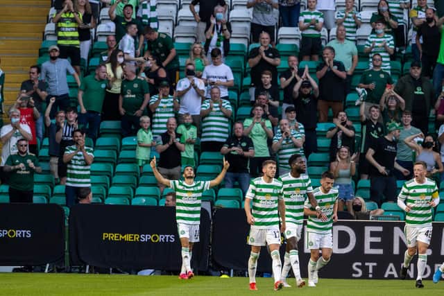 Liel Abada celebrates after scoring to make it 1-0 to Celtic.