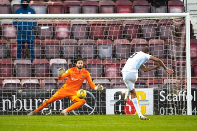 Manny Duku puts Raith Rovers 2-0 ahead at Tynecastle.
