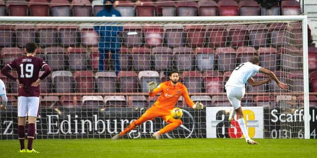 Manny Duku puts Raith Rovers 2-0 ahead at Tynecastle.