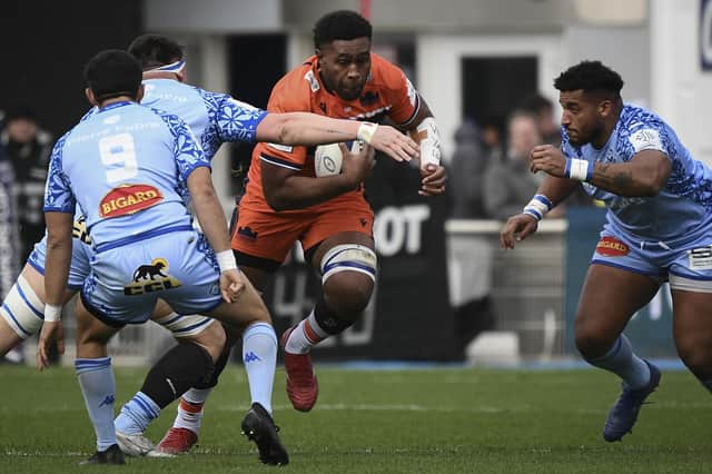 Edinburgh's Bill Mata takes the game to Castres during the 34-21 win for the away side in France.  (Photo by VALENTINE CHAPUIS/AFP via Getty Images)