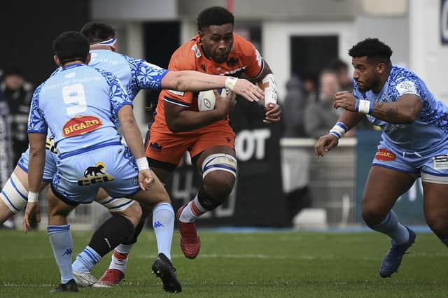 Edinburgh's Bill Mata takes the game to Castres during the 34-21 win for the away side in France. (Photo by VALENTINE CHAPUIS/AFP via Getty Images)