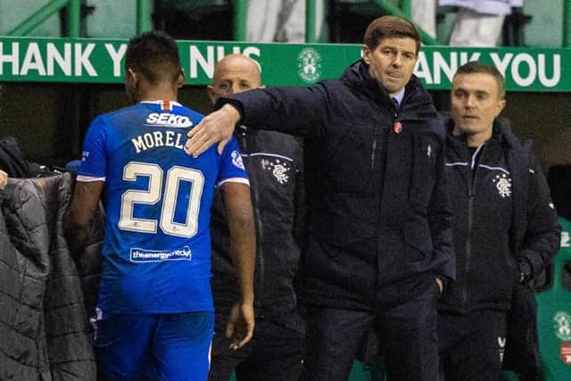 Rangers manager Steven Gerrard (right) with Alfredo Morelos as he is substituted during a Scottish Premiership match between Hibernian and Rangers at Easter Road, on January 27, 2021, in Edinburgh, Scotland (Photo by Craig Williamson / SNS Group)