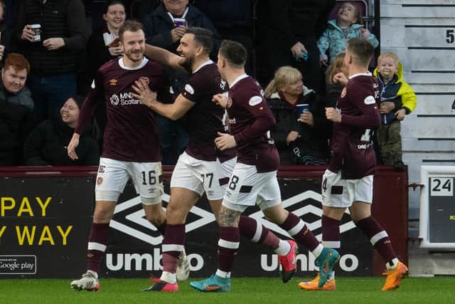 Andy Halliday is mobbed by his team-mates after once again scoring for Hearts.