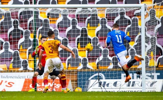 Cedric Itten heads home from a Borna Barisic cross to secure a point for Rangers against Motherwell at Fir Park. (Photo by Craig Williamson / SNS Group)