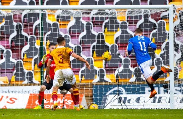 Cedric Itten heads home from a Borna Barisic cross to secure a point for Rangers against Motherwell at Fir Park. (Photo by Craig Williamson / SNS Group)