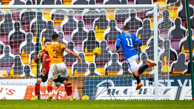 Cedric Itten heads home from a Borna Barisic cross to secure a point for Rangers against Motherwell at Fir Park. (Photo by Craig Williamson / SNS Group)