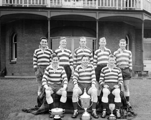 Eddie McKeating, back row second from left, in a Heriot's FP sevens side of the 1950s, with his great friend Ken Scotland second from the right in the back row.