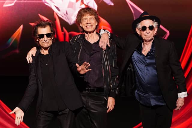 (left to right) Ronnie Wood, Mick Jagger and Keith Richards at the Rolling Stones Hackney Diamonds launch event at the Hackney Empire in London. Photo: Ian West/PA Wire
