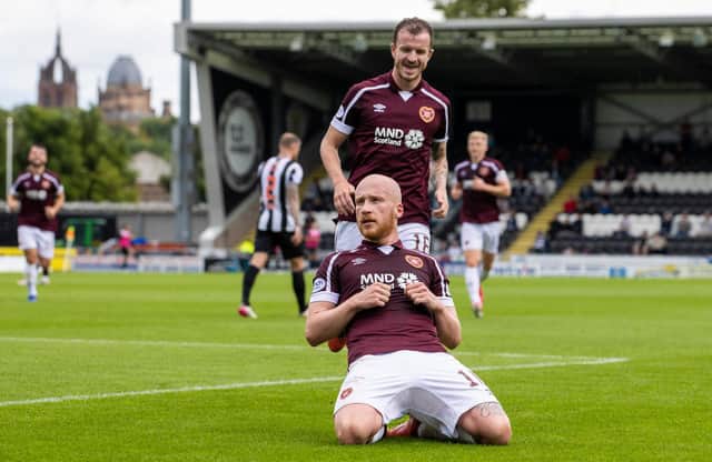 Liam Boyce celebrates Hearts' second goal in Paisley.