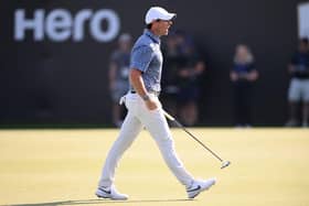 Rory McIlroy celebrates after holing the winning putt in the Hero Dubai Desert Classic at Emirates Golf Club. Picture: Ross Kinnaird/Getty Images.