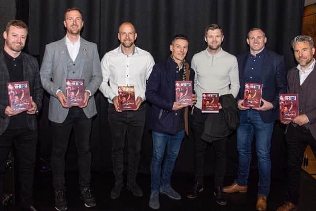Players from 2012 at last week's launch in Musselburgh: (L to R) Stephen Elliott, Andy Webster, Danny Grainger, Ian Black, Darren Barr, Craig Beattie and author Anthony Brown