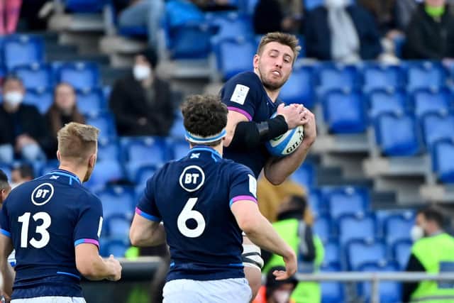 Matt Fagerson made his return from injury in Scotland's 33-22 win over Italy in Rome.  (Photo by ALBERTO PIZZOLI/AFP via Getty Images)