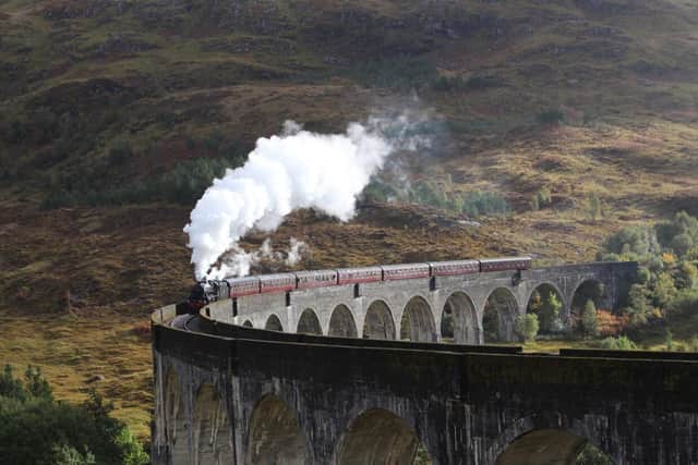 The Jacobite train crossing the Glenfinnan viaduct on the Fort William-Mallaig line. (Photo by West Coast Railways)
