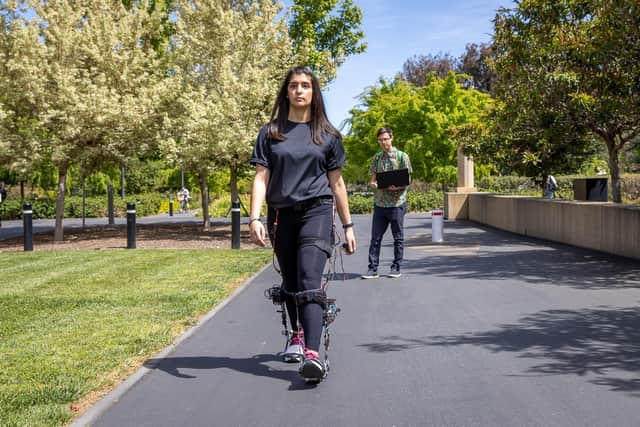 Stanford University student Ava Lakmazaheri testing the exoskeleton boot. Photo: Kurt Hickman/Stanford University/PA Wire