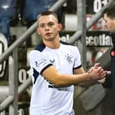 Ciaran Dickson with  Steven Gerrard on November 29, 2020, in Falkirk, Scotland. (Photo by Rob Casey / SNS Group)